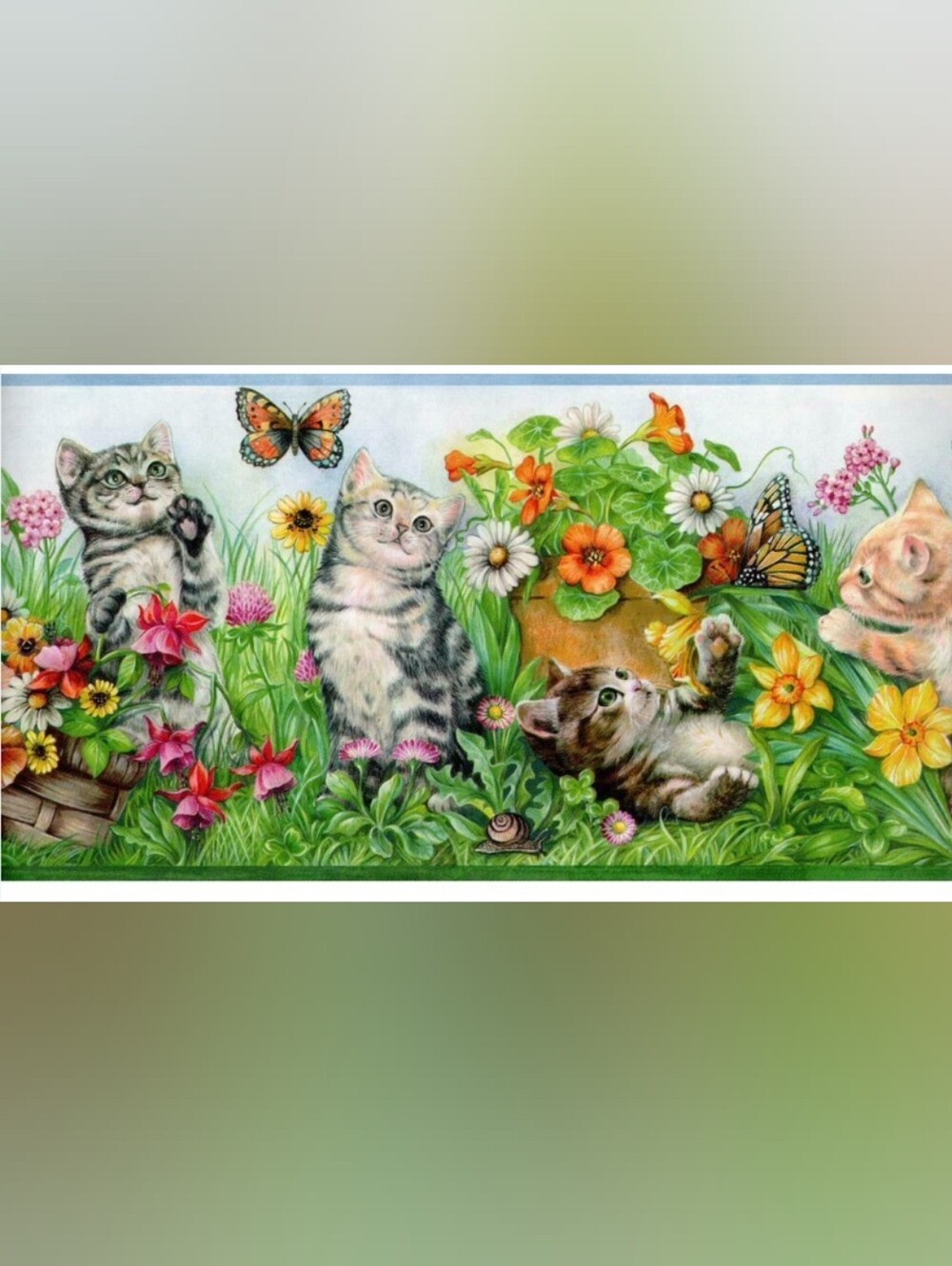 Vintage Floral Garden Wallpaper Border with Kittens Whimsical